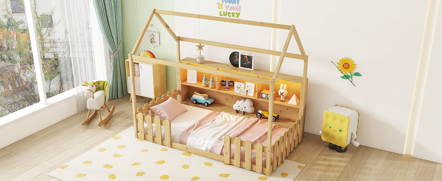 Twin Size House Bed with LED Light, Wood House Bed with Storage Bookshelf, Floor House Bed with Guardrails for Kids, Natural (Expect Arrival Date 2025/3/14)