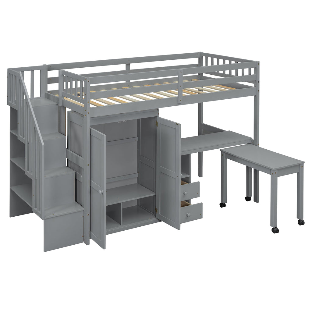Twin Size Loft Bed with Stairs, Bookshelf, Drawers, Desk & Wardrobe – Space-Saving Multifunctional Furniture for Kids & Teens-Gray
