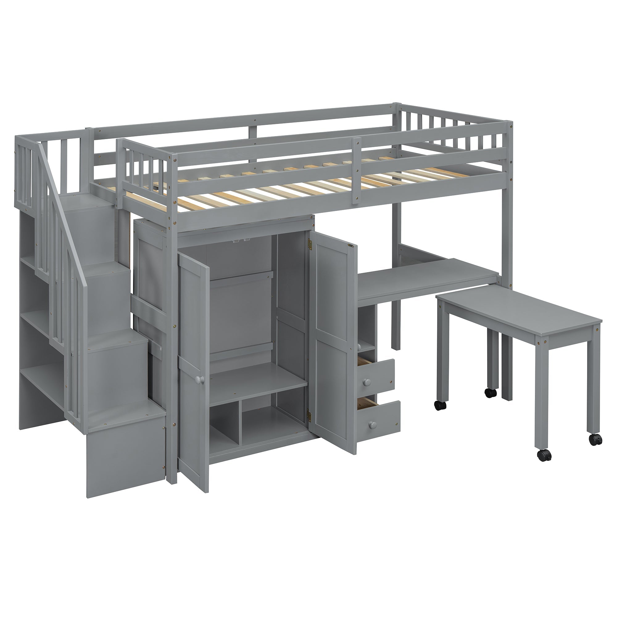 Twin Size Loft Bed with Stairs, Bookshelf, Drawers, Desk & Wardrobe – Space-Saving Multifunctional Furniture for Kids & Teens-Gray