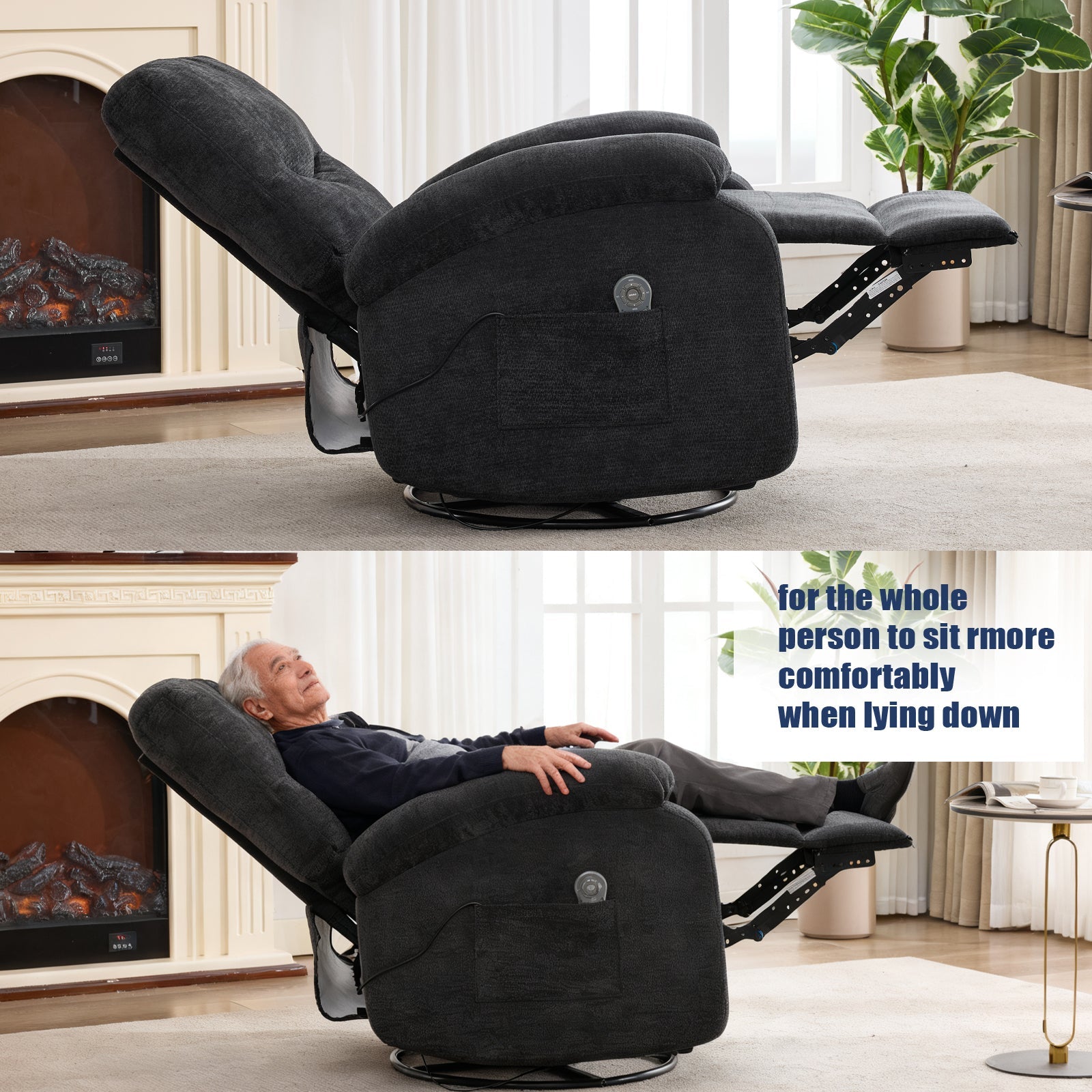 Hot massage manual lounge chair, with rocker arms and rotating fabric, with cup bucket, for living room, black