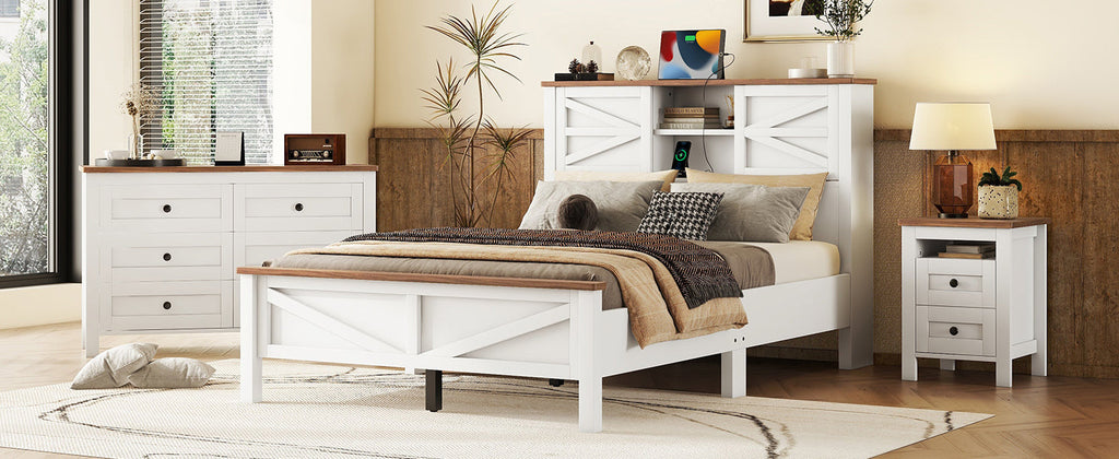 3-Pieces Bedroom Sets Full Size Farmhouse Platform Bed with Double Sliding Door Storage Headboard and Charging Station, Storage Nightstand and Dresser, White+Brown(Old SKU HL000091AAK)