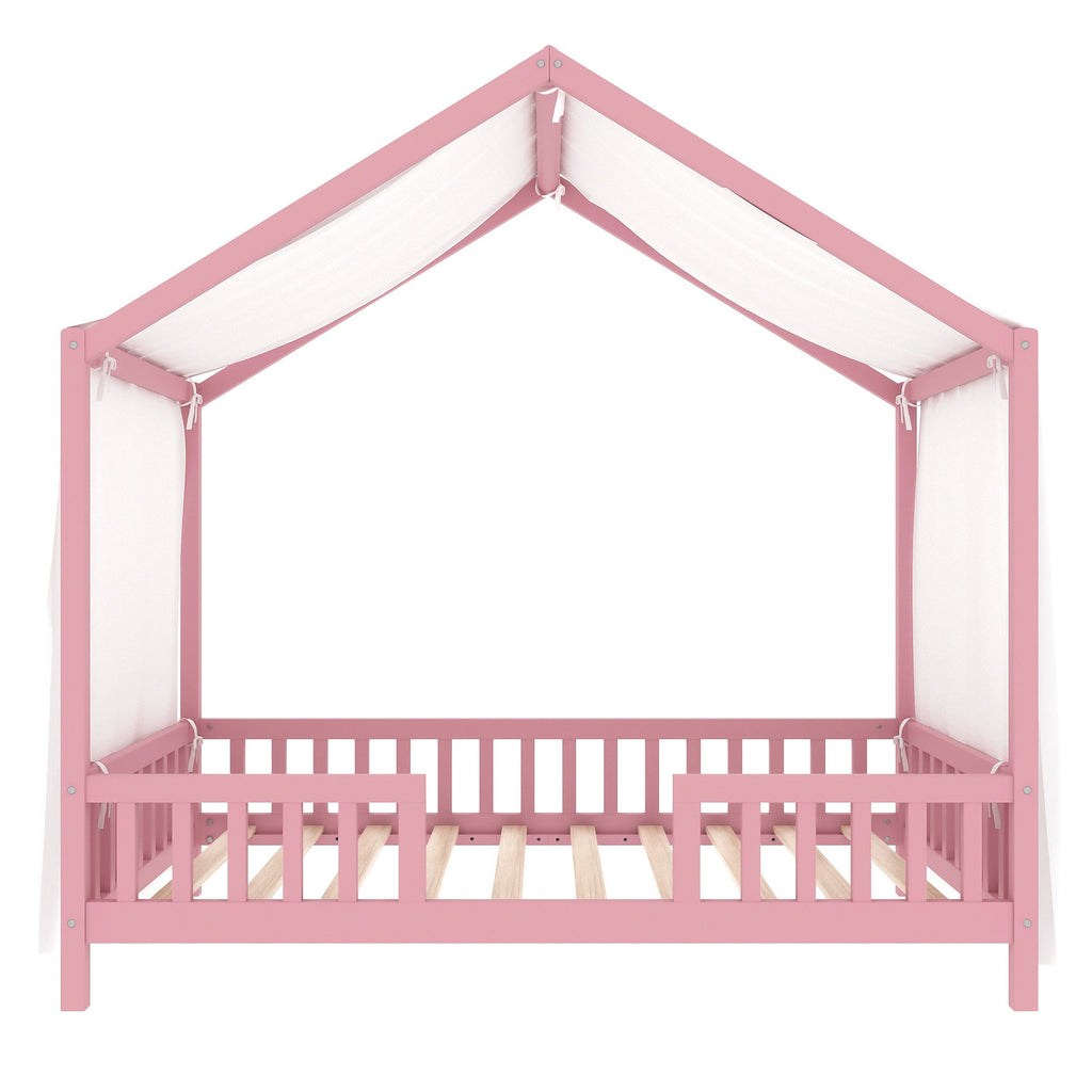 Montessori Floor Bed with Canopy, Twin Bed Frame for Kids, House Shape Kids Bed Frame with High Railings, Wood Kids Bed with Roof, Kid Twin Bed, Pink