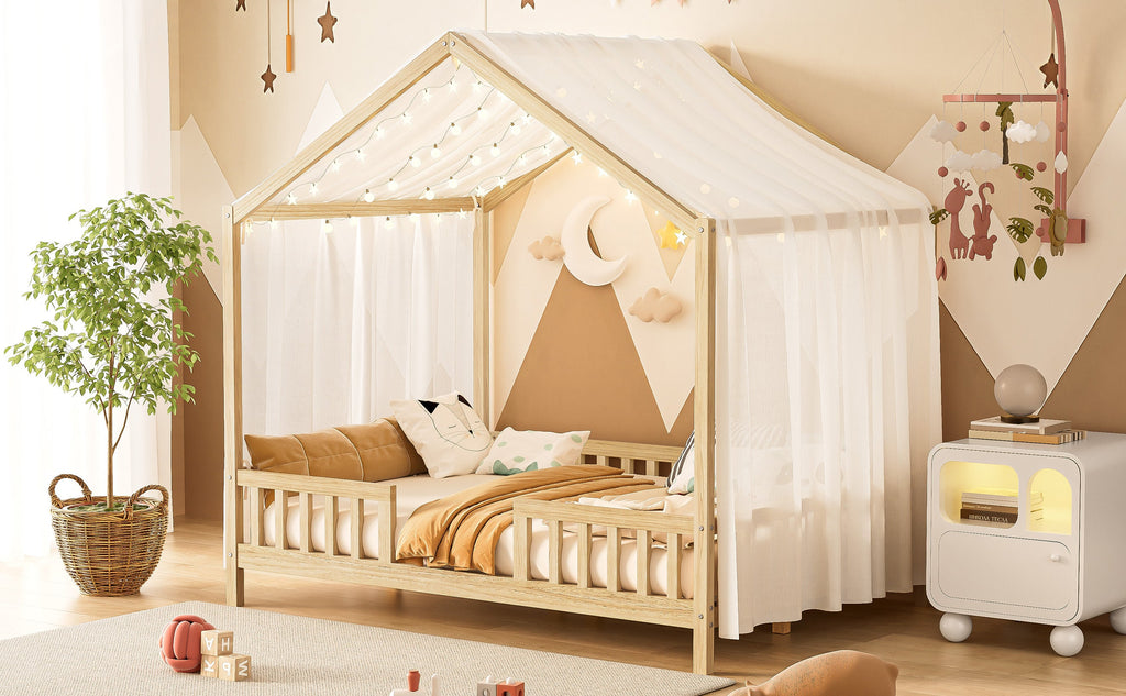 Montessori Floor Bed with Canopy, Full Bed Frame for Kids, House Shape Kids Bed Frame with High Railings, Wood Kids Bed with Roof, Kid Full Bed, Natural