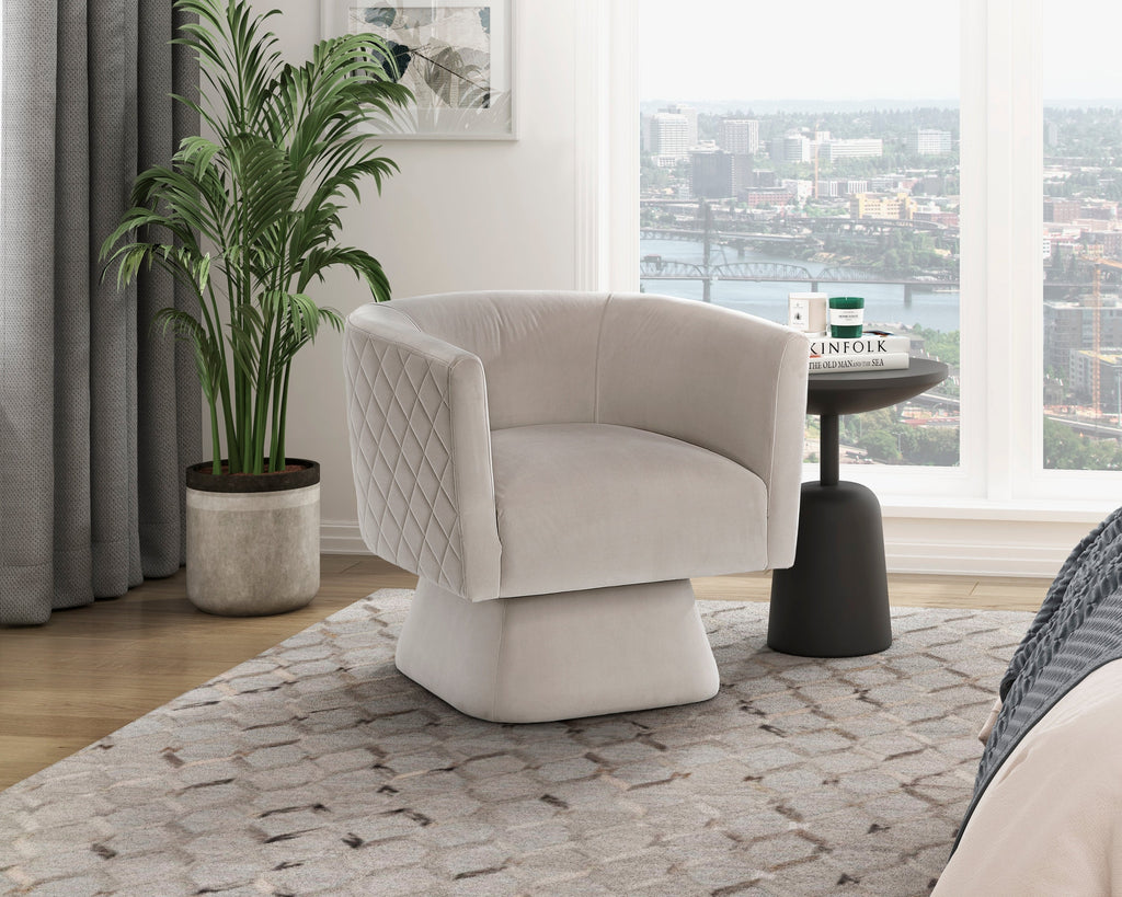 1pc Swivel Chair Taupe Velvet Fabric Upholstery Solid Wood Diamond Pattern Stitched Back Comfort Chair Living Room Furniture