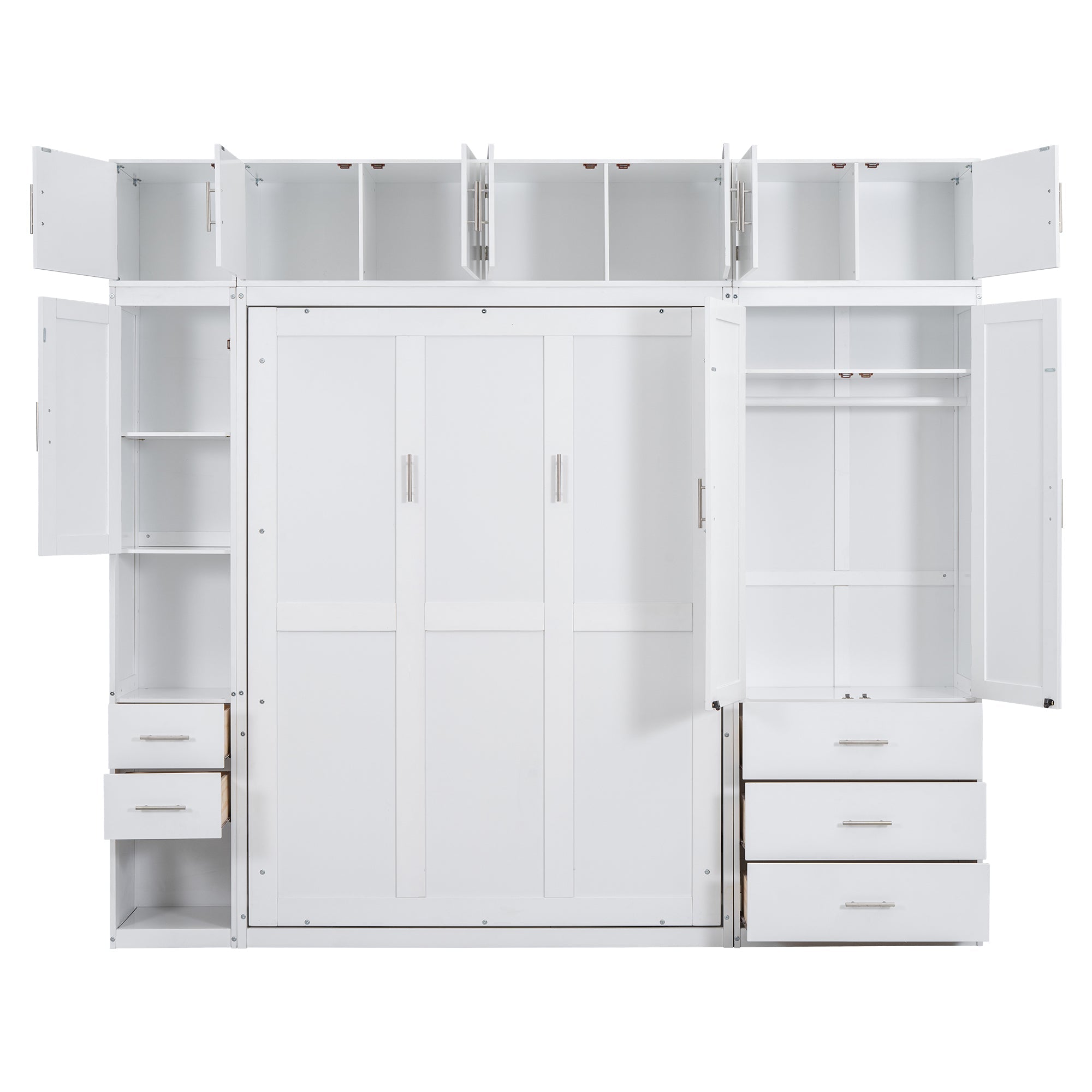 White Full Size Murphy Bed with Lockers and Wardrobes, MDF+Pine, 108.4''L x 15.7''W x 99''H