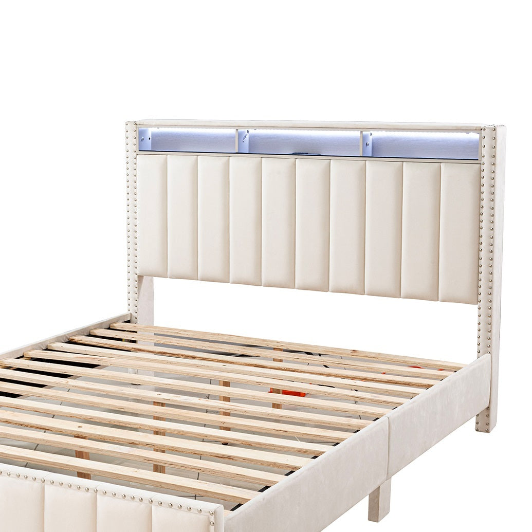 Queen Size Bed 2x Nightstands Bedroom Furniture Contemporary Beige Fabric Upholstered Bedframe w LED Nailhead Trim 3pc Bedroom Set