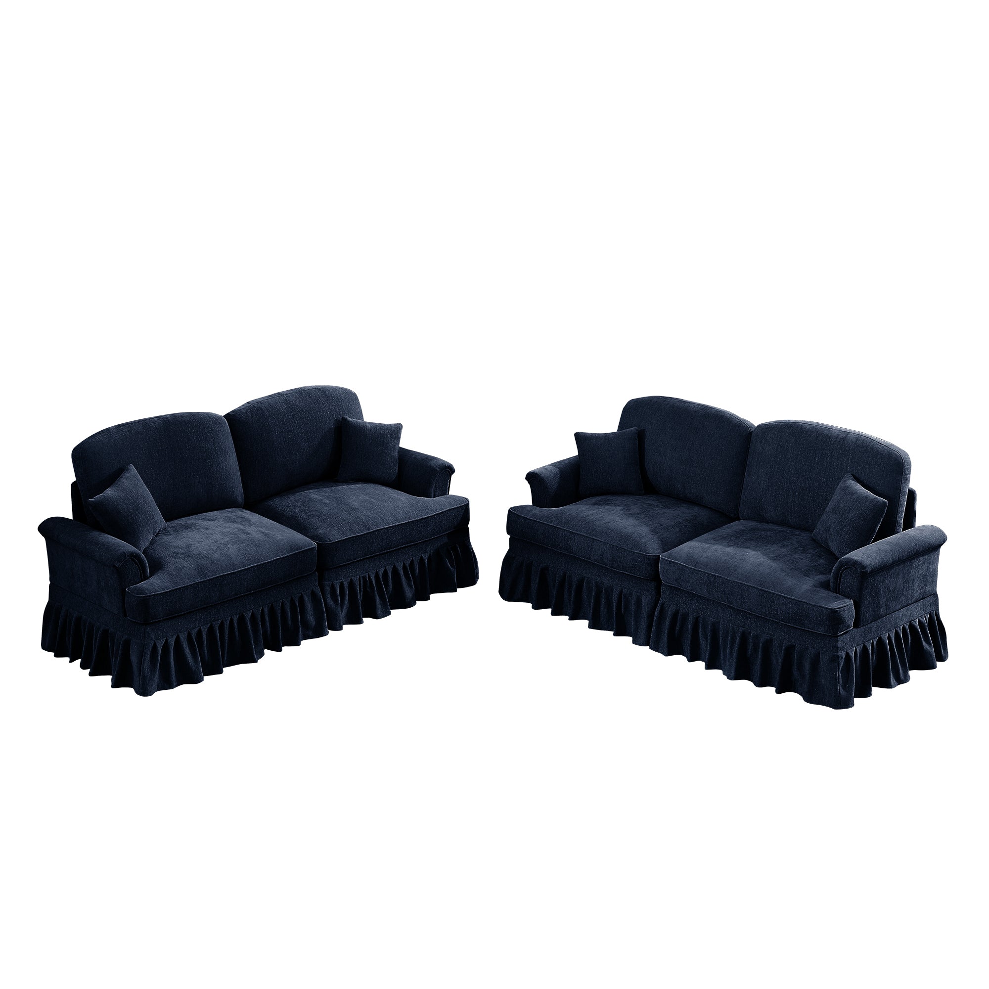 Classic 2 Piece Modular Couch Living Room Sofa Set with Flared Arms and Removable Ruffles Pleats Skirts and Spindle Legs, 2Seater Sofa + 2-Seat Loveseat Sofa Sets for Living Room, Blue