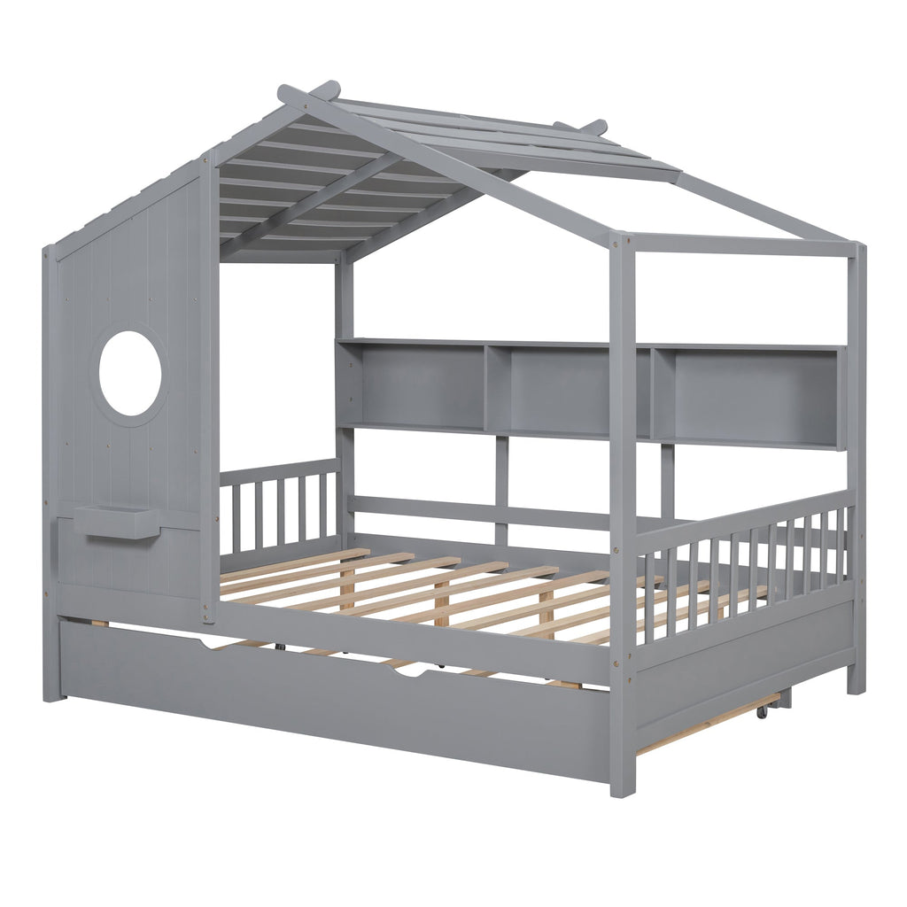 Wooden Full Size House Bed With Trundle, Modern Design for Kids with Storage Shlef, Gray(old SKU HL000095AAE)