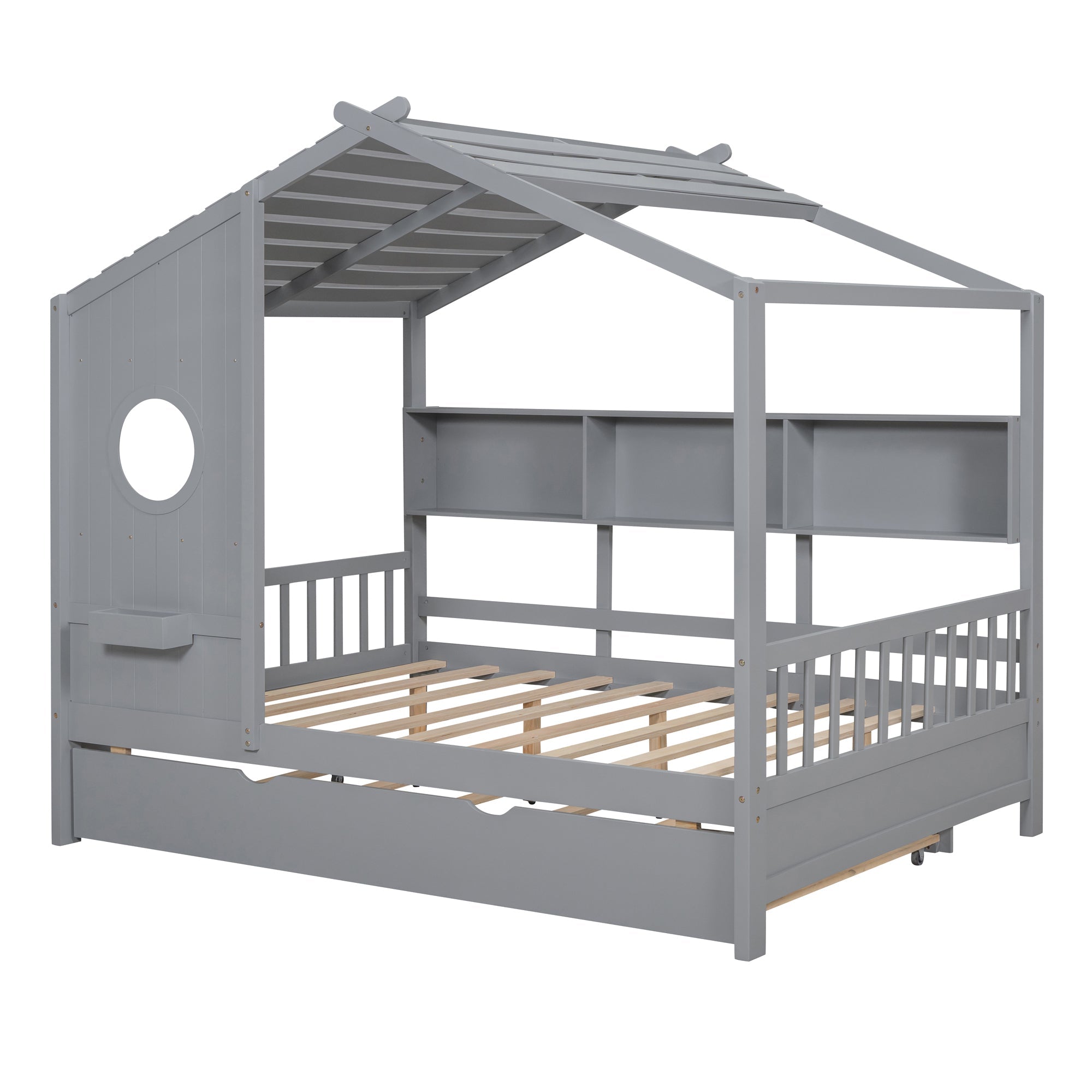 Wooden Full Size House Bed With Trundle, Modern Design for Kids with Storage Shlef, Gray(old SKU HL000095AAE)