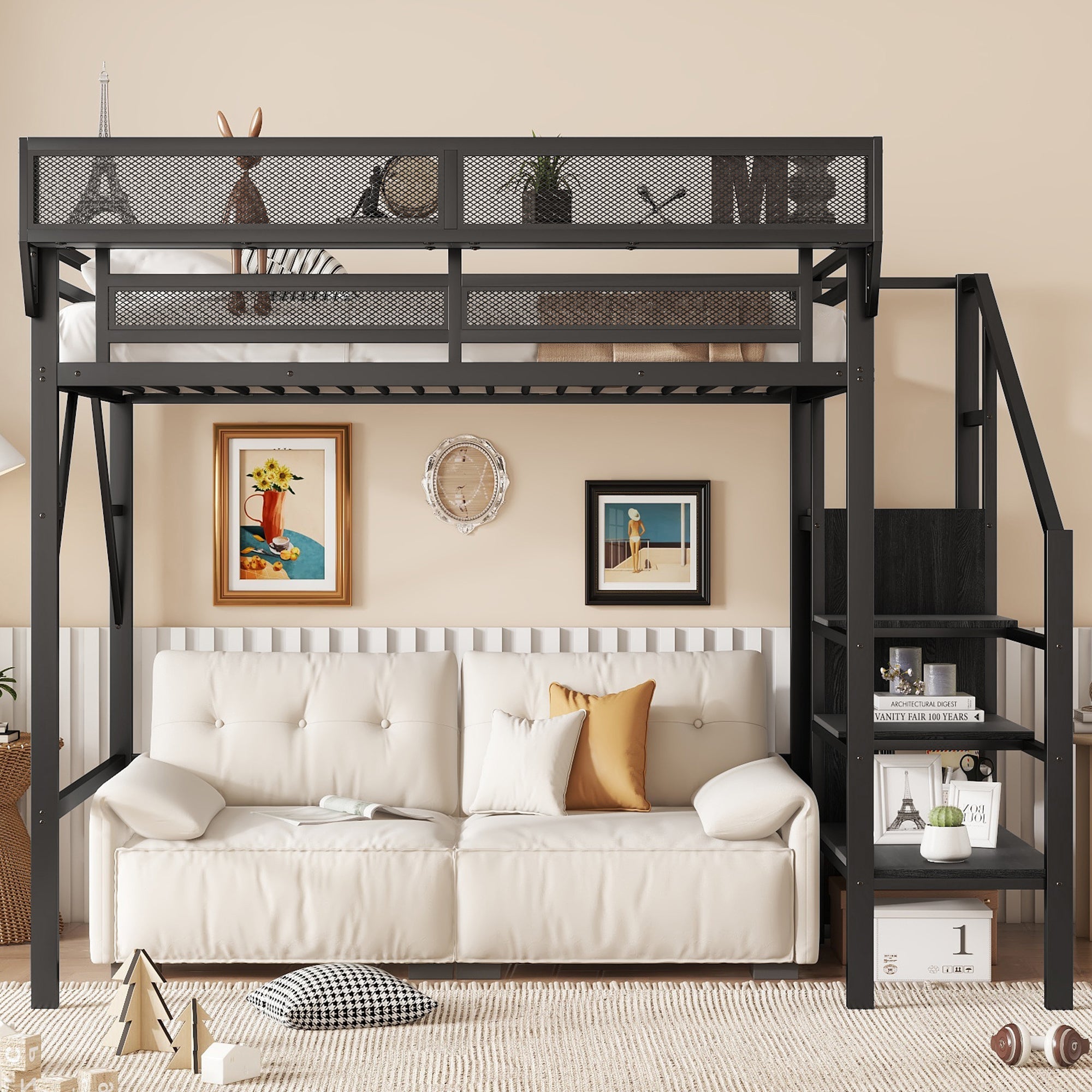 Twin Size Loft Bed with Stairs, Metal Full Loft Bed with Storage Shelves, High Loft Bed with Wardrobe for Kids Teens, Black(Expect Arrival Date 2025/9/22)