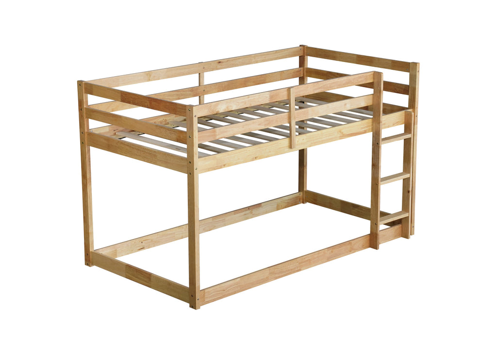 Solid Wooden, Solid Rubber Wooden Twin over Twin Floor Bunk Bed with Ladder, with Bed Platform of Strengthened Slats  , Natural