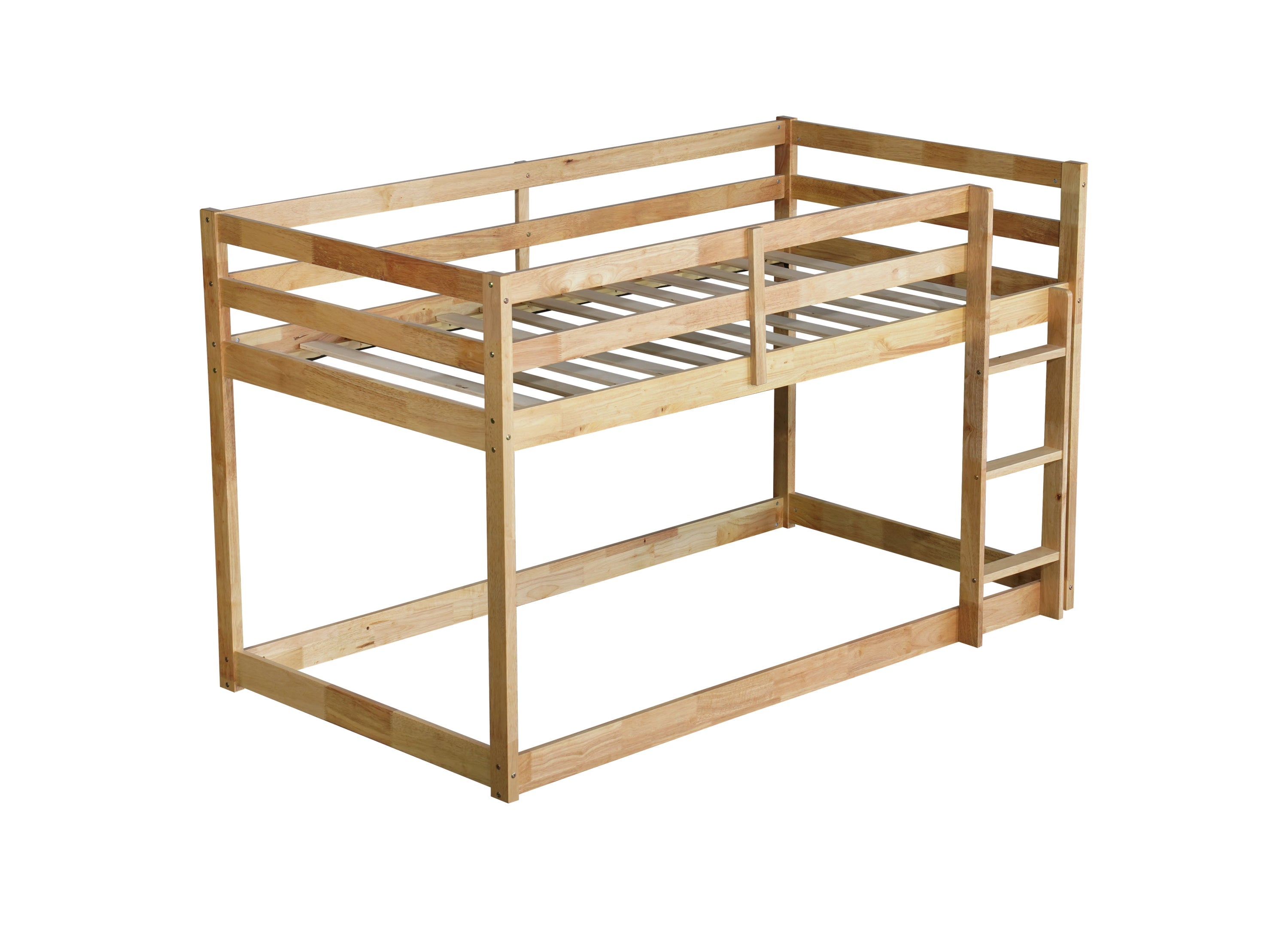 Solid Wooden, Solid Rubber Wooden Twin over Twin Floor Bunk Bed with Ladder, with Bed Platform of Strengthened Slats  , Natural