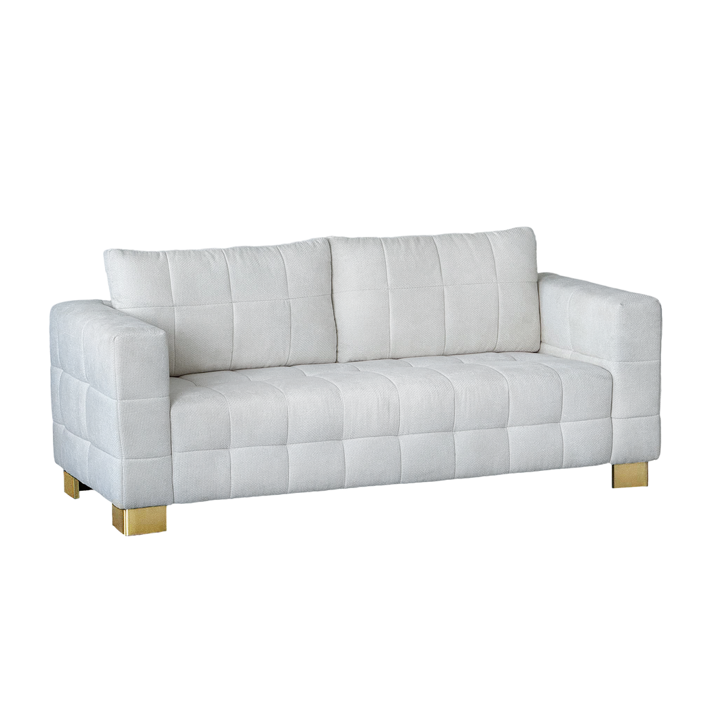 FX-P54-BE SOFA  Contemporary Beige Chenille Couch, Deep-Seat 3-Person Sofa with Wide Armrests & Brushed Stainless-Steel Block Legs Soft Upholstered Sofa for Living Room