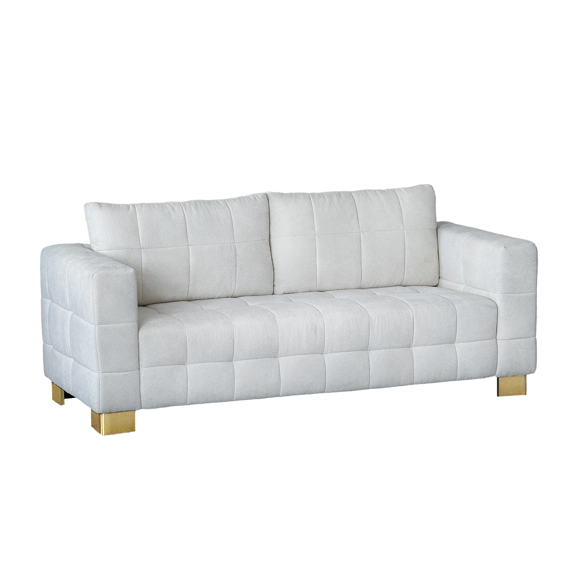 FX-P54-BE SOFA  Contemporary Beige Chenille Couch, Deep-Seat 3-Person Sofa with Wide Armrests & Brushed Stainless-Steel Block Legs Soft Upholstered Sofa for Living Room