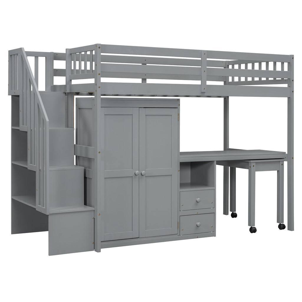 Twin Size Loft Bed with Stairs, Bookshelf, Drawers, Desk & Wardrobe – Space-Saving Multifunctional Furniture for Kids & Teens-Gray