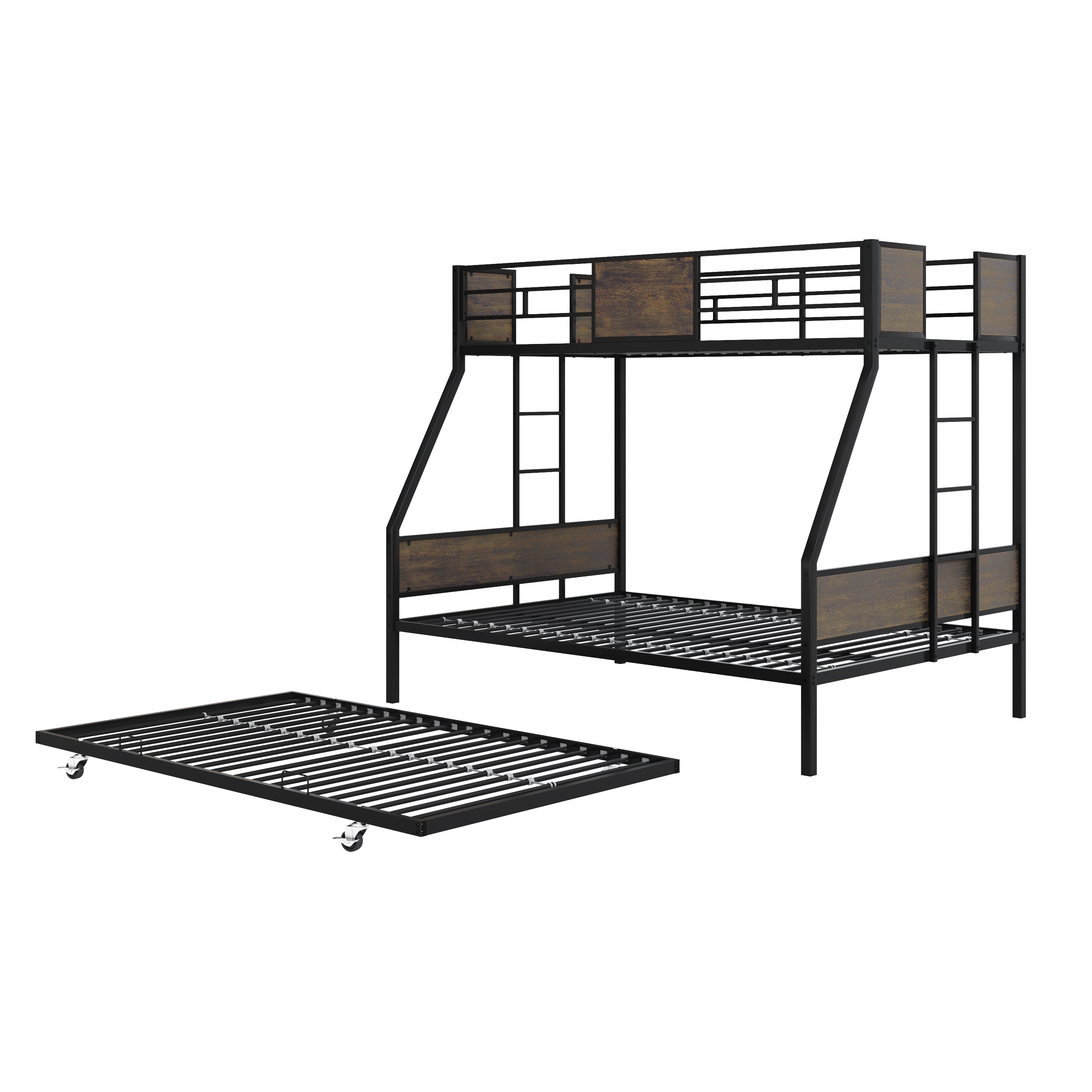 Twin Over Full Bunk Beds with Trundle, Metal Bunk Bed Frame with Safety Guardrail and 2 Ladder for Kids,Sturdy Metal Frame and Protective Board Supports, No Box Spring Needed, Easy Assembly