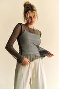 Davi & Dani Sparkling Rhinestone Sheer Mesh Round Neck Top