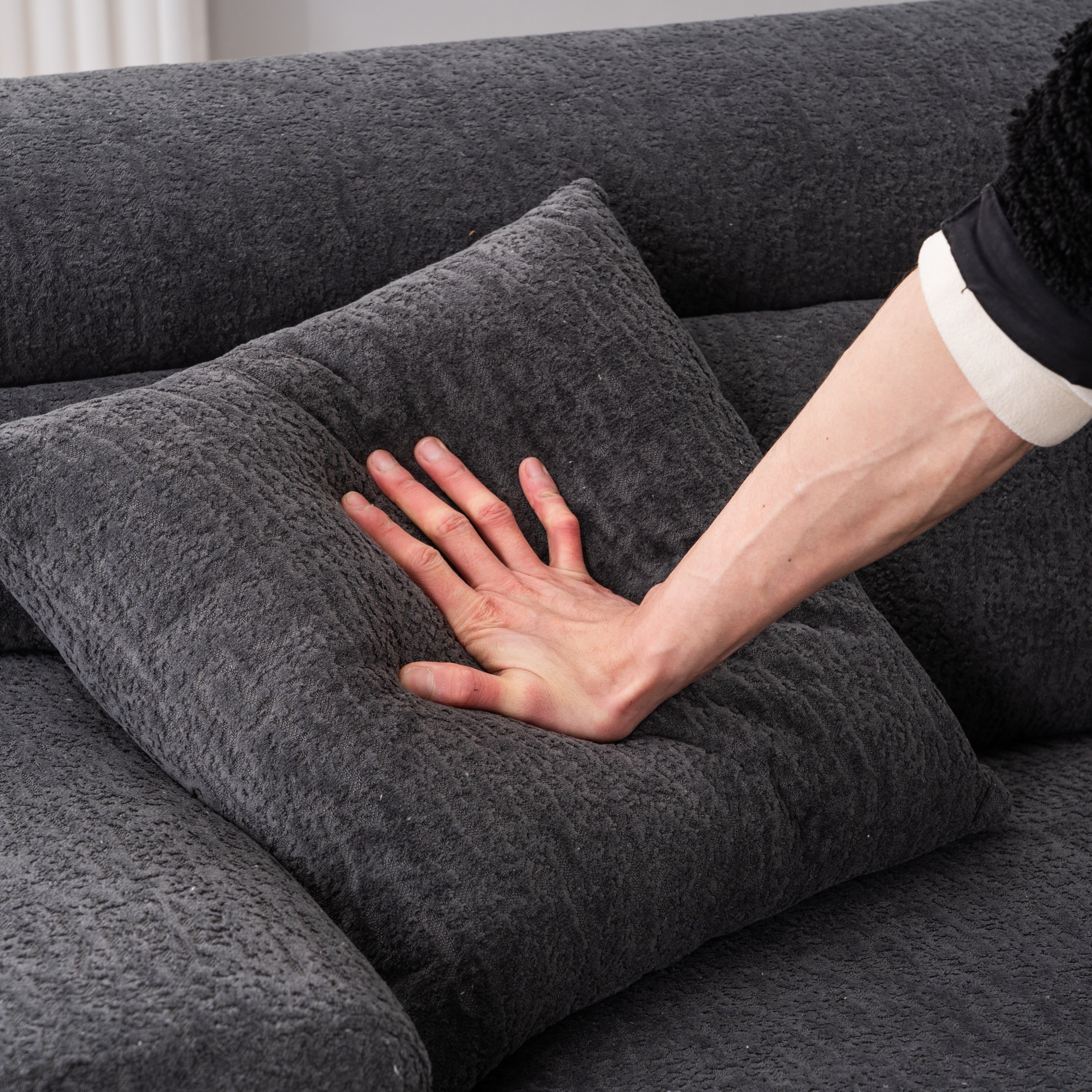 LY-029 GRAY COMPRESSION SOFA: 4-seater combined sofa, Wood Grain Chenille fabric, full sponge compression sofa,combined sofa with 2 pillows  for living/ Home Furniture/ Apartment