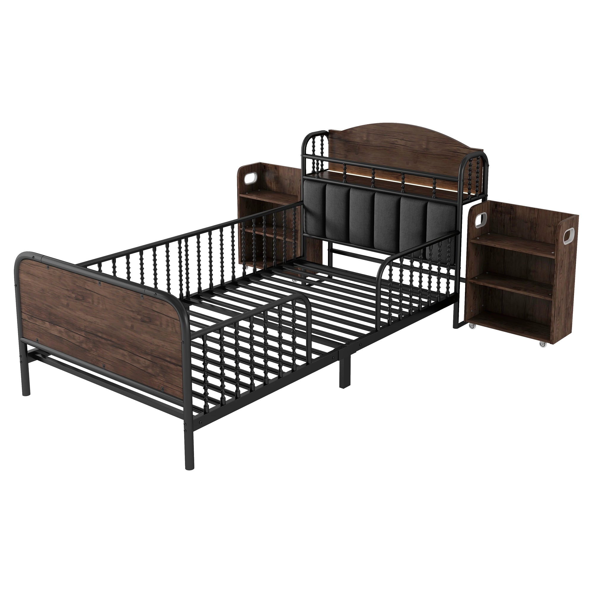 Twin Size Metal Platform Bed Frame with Light, Kids Twin Metal Bed with Upholstered and Pull Out Storage Shelves, Black (Expect Arrival Date 2025/10/5)