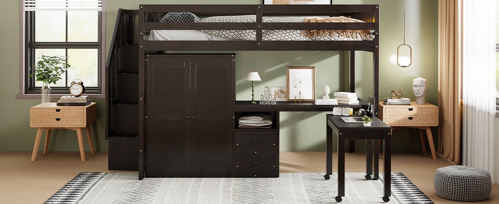 Full Size Loft Bed with Stairs, Bookshelf, Drawers, Desk & Wardrobe – Space-Saving Multifunctional Furniture for Kids & Teens-Espresso