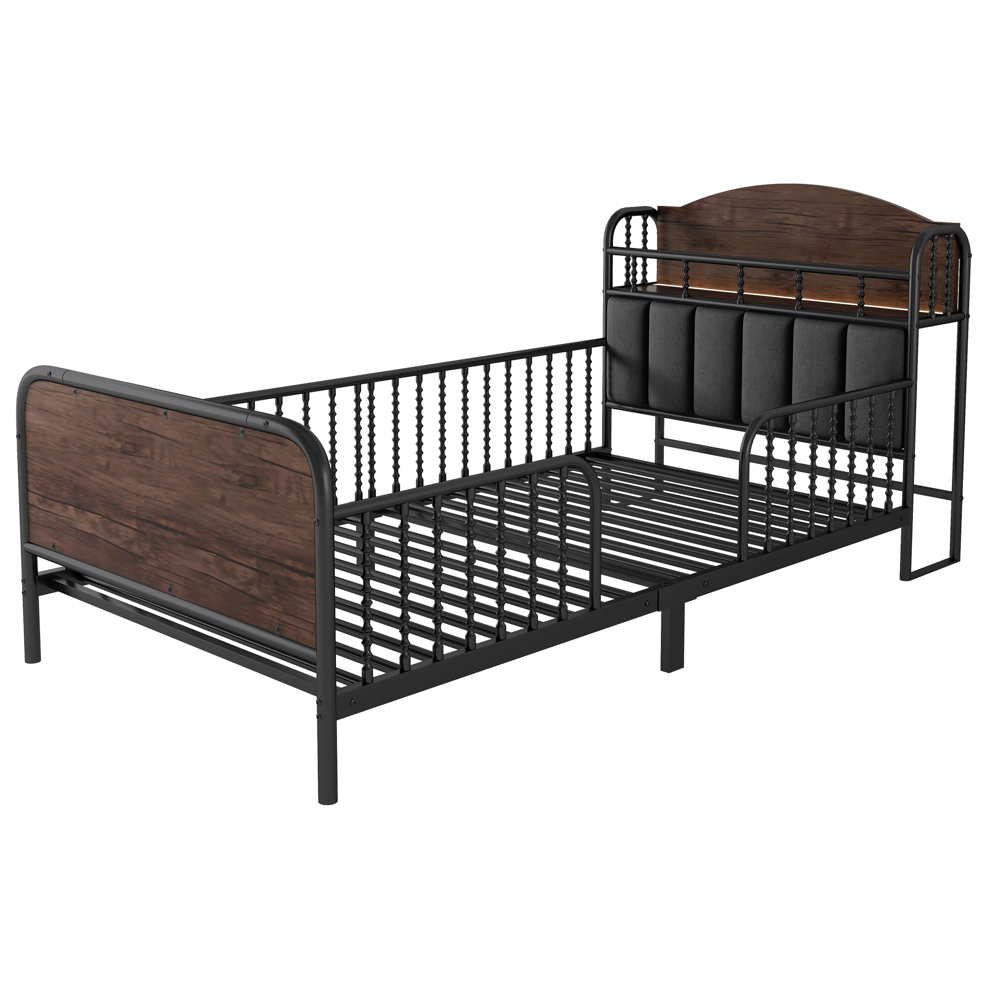 Twin Size Metal Platform Bed Frame with Light, Kids Twin Metal Bed with Upholstered and Storage Headboard, Black (Expect Arrival Date 2025/10/5)