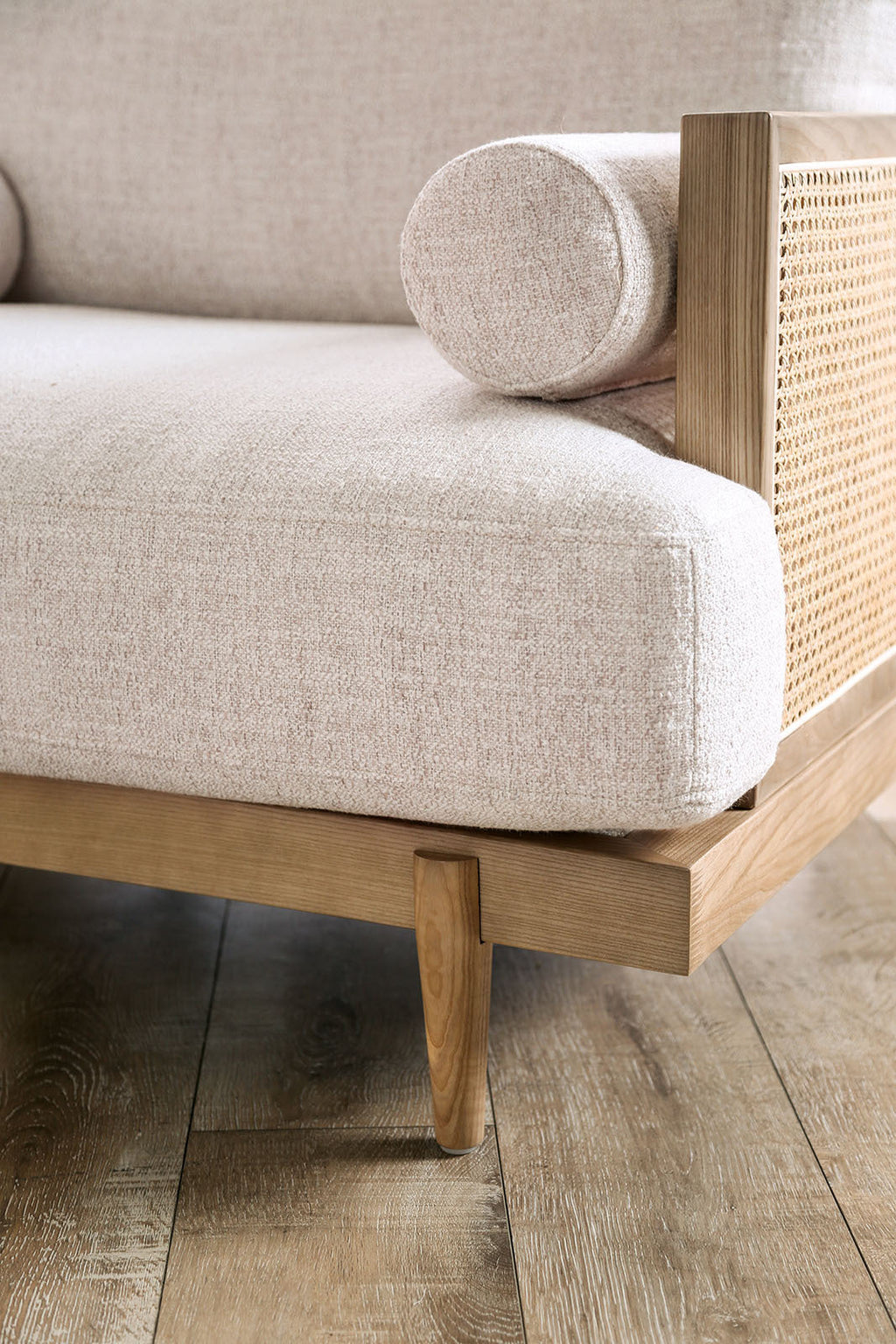 Mid-Century Modern 1pc Beautiful Chair Side Bolster Pillow Tapered Wooden Legs Reversible Pillow Back Beige And Light Oak Finish Primary Living Room