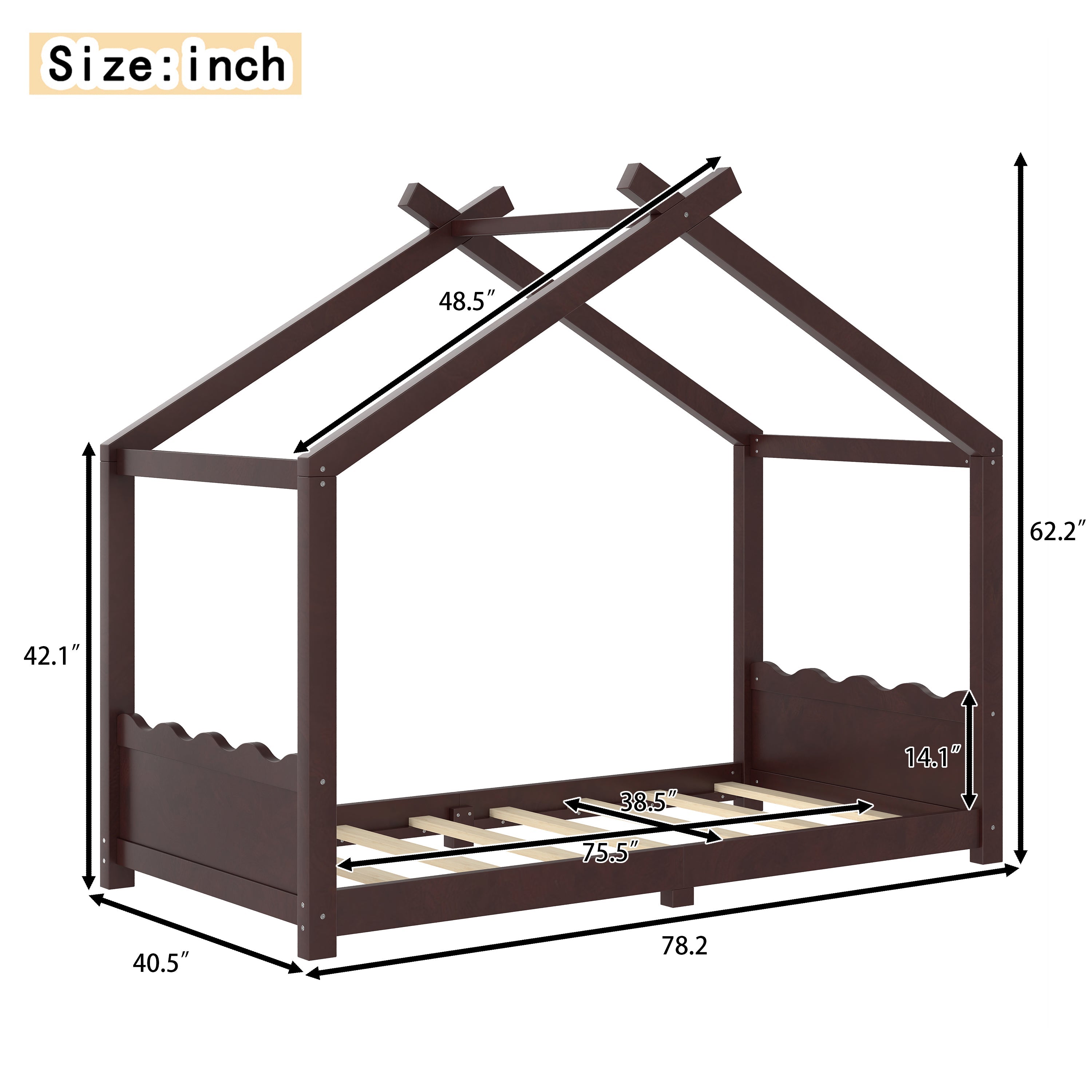 Twin House Floor Bed with Support Slats, Solid Wood House Bed Frame for Kids, No Box Spring Needed and Opening Constructure, Espresso