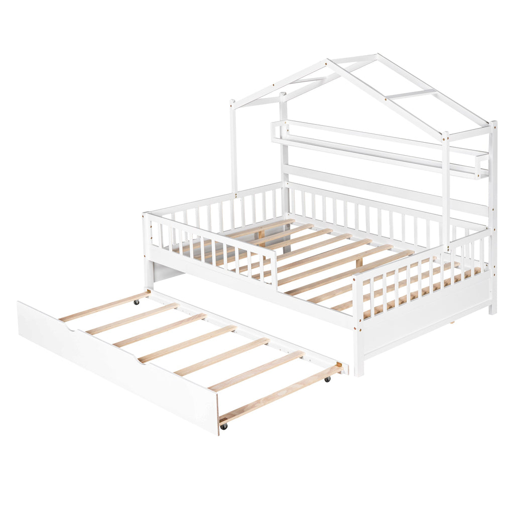 Wooden Full Size House Bed with Twin Size Trundle,Kids Bed with Shelf, White(Old SKU:WF301683AAK)