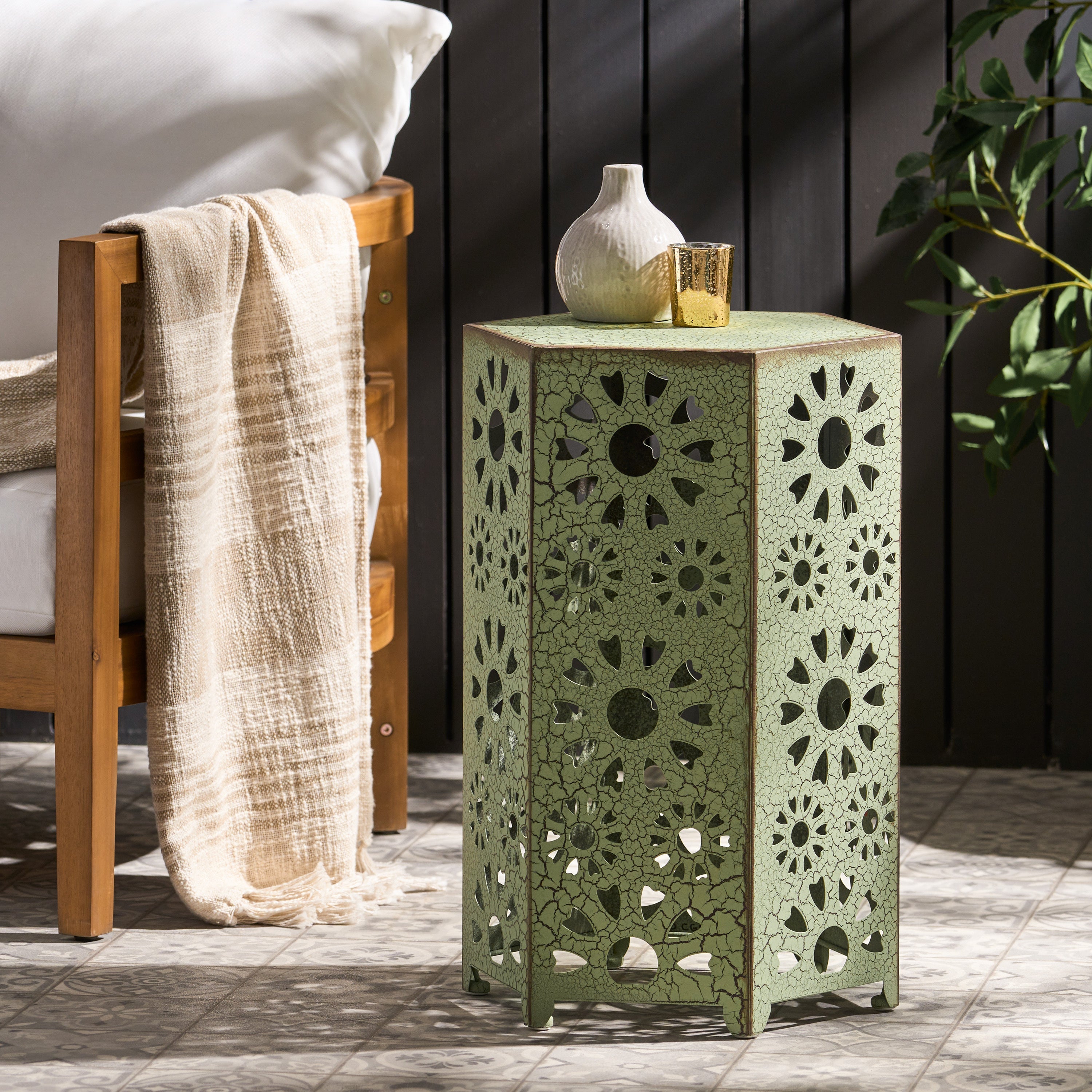 Galore 14' Side Table with Sunburst Cut Out Design, Green