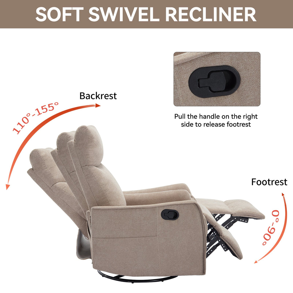 Heat Massage Manual Recliner Chair with Rocker and Swivel in Fabric for Living Room, Khaki