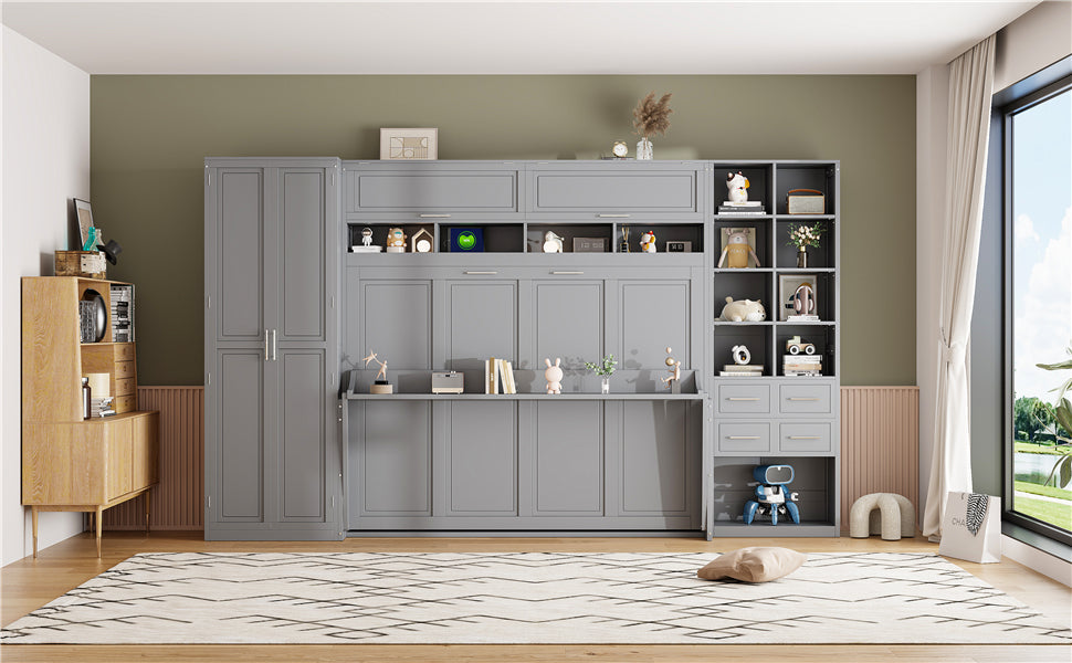 Queen Size Murphy Bed Wall Bed with Closet , Drawers and Shelves,Gray