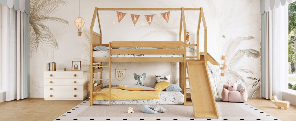 Twin Size Loft Bed with Bookshelf Playful Design for Kids House-Shaped Structure with Slide High-Quality Safety Rails,Natural