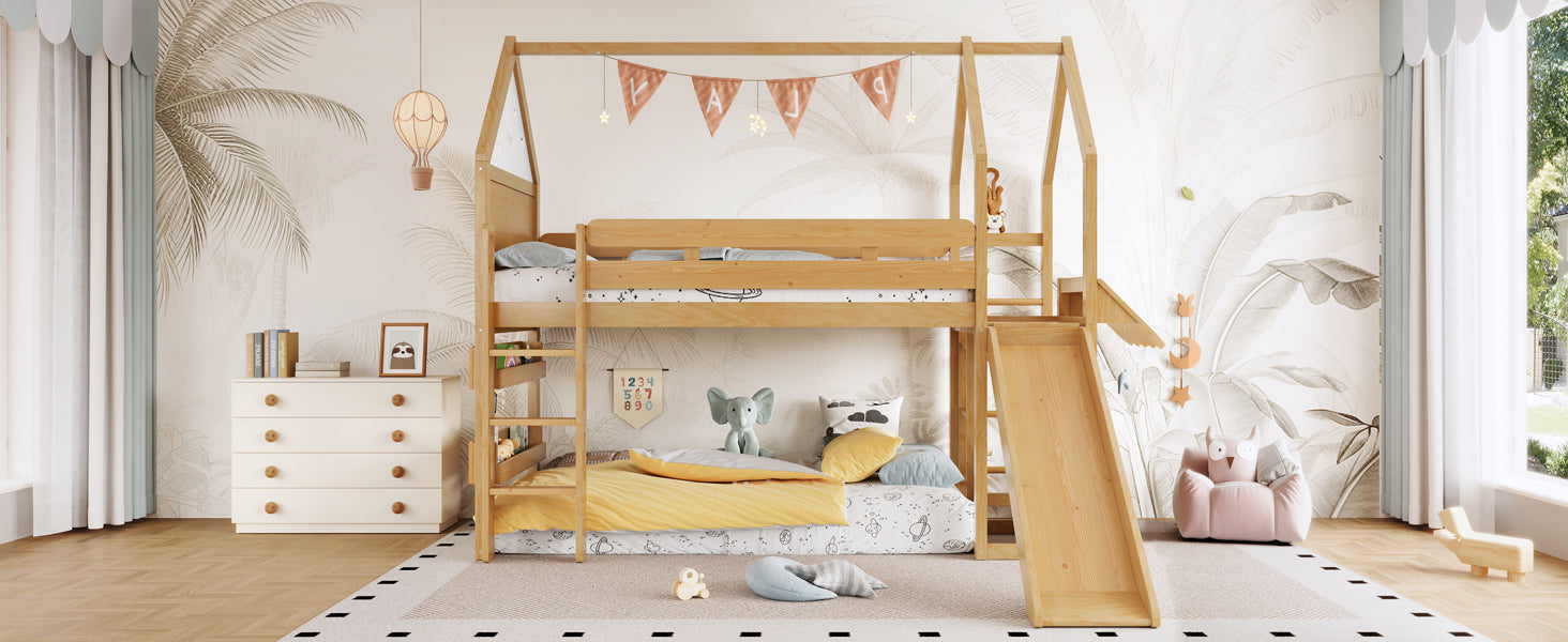 Twin Size Loft Bed with Bookshelf Playful Design for Kids House-Shaped Structure with Slide High-Quality Safety Rails,Natural