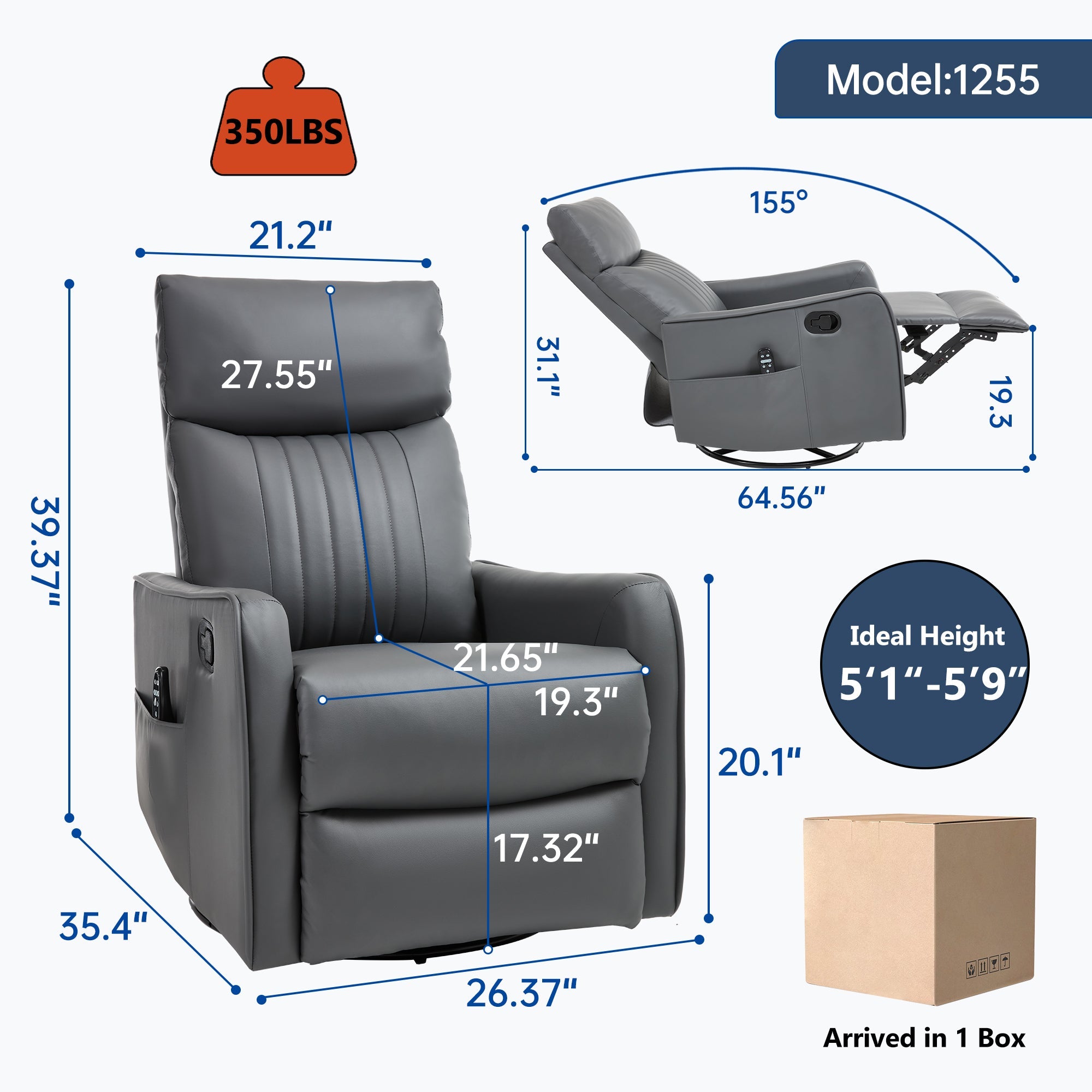 Grey Faux Leather Heat Massage Manual Recliner Chair with Rocker and Swivel for Living Room