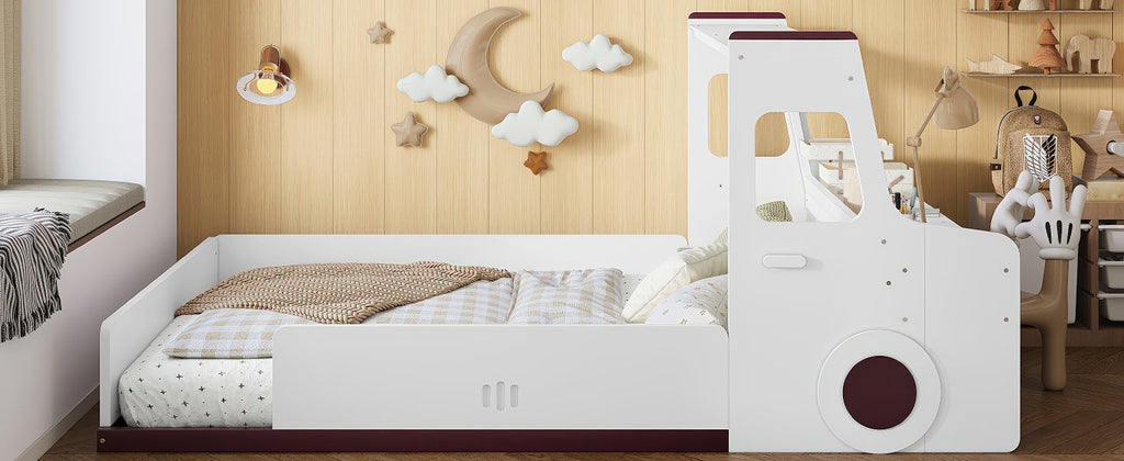 Full Size Floor Bed with Interesting Car-shape Design, Kids Car Floor Bed with Storage Drawers, Window, and Desk, Childlike Design, White