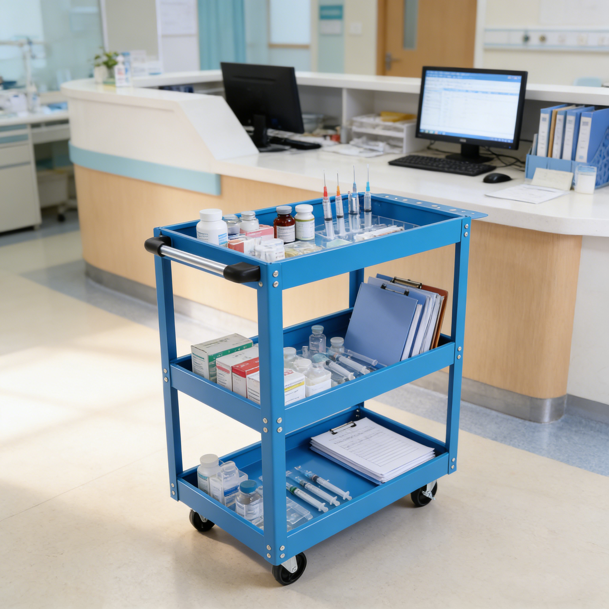 Tool Cart on Wheels, 3 Tier Rolling Mechanic Tool Cart, Heavy Duty Steel Utility Cart w/Lockable Wheels, 450 LBS Capacity Industrial Service Cart for Garage, Warehouse, Workshop (blue)