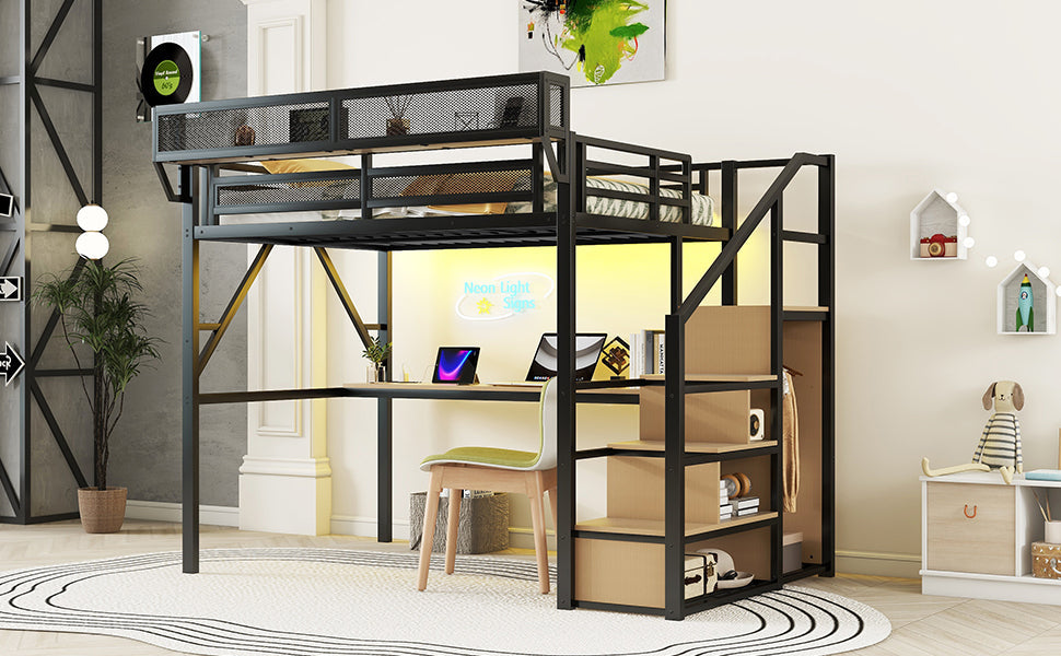 Full Loft Bed with Desk and Charging Station, Full Size Metal Loft Bed with Stairs and Light for Kids Teens, Black, Patent Products