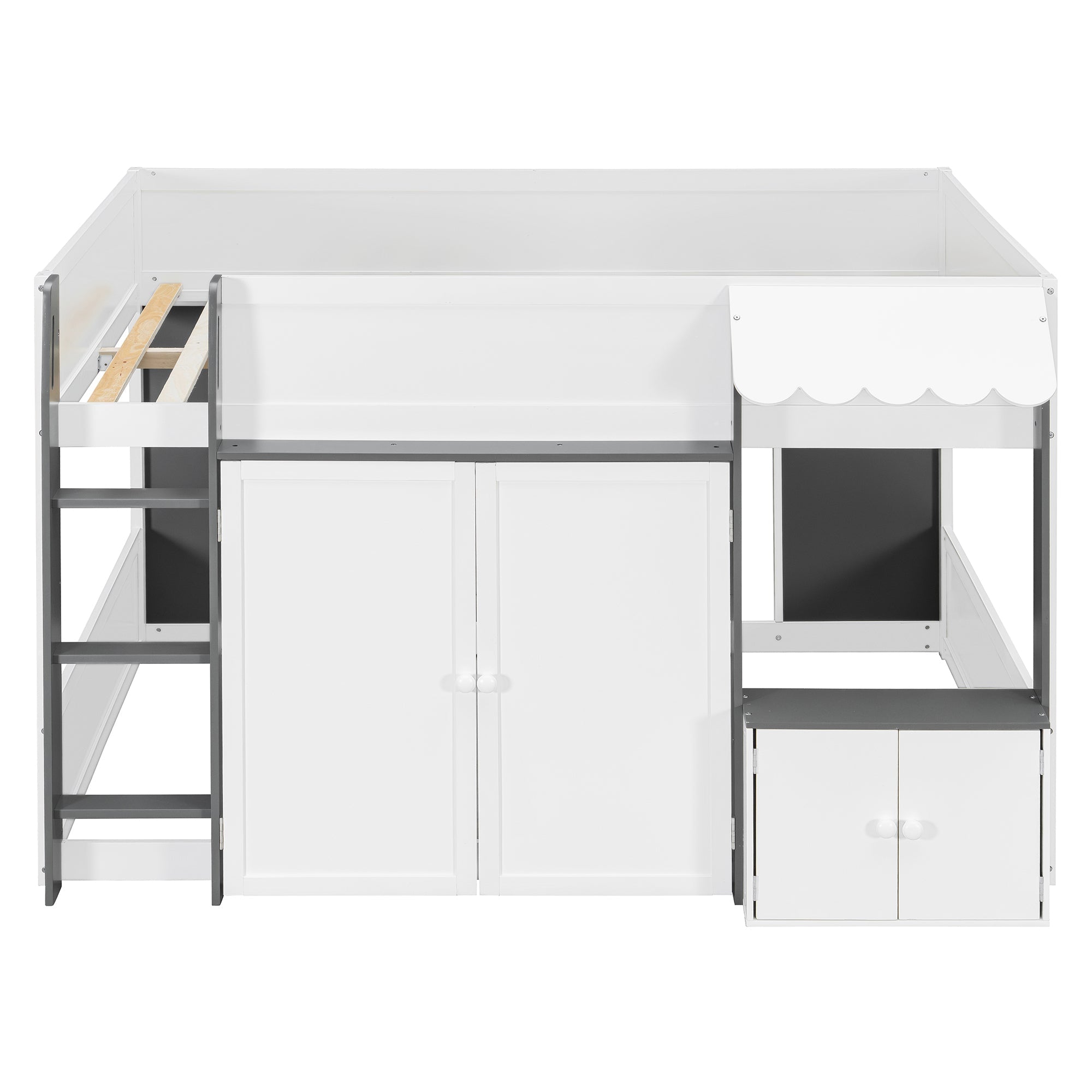 Full Loft House Bed with Playhouse & Storage, Modern Wood Cabin Bed for Kids/Teens, White+Gray