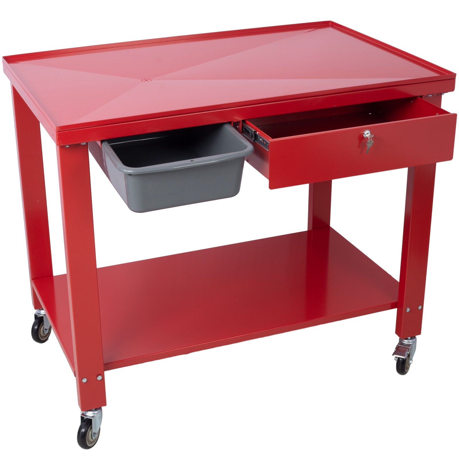Transmission Teardown Work Station  1/2 Ton Capacity  Sloping Drain Table  Locking Drawer  Removable  Drain Basin Full-Width Lower Shelf  Four 4-Inch Caster Wheels