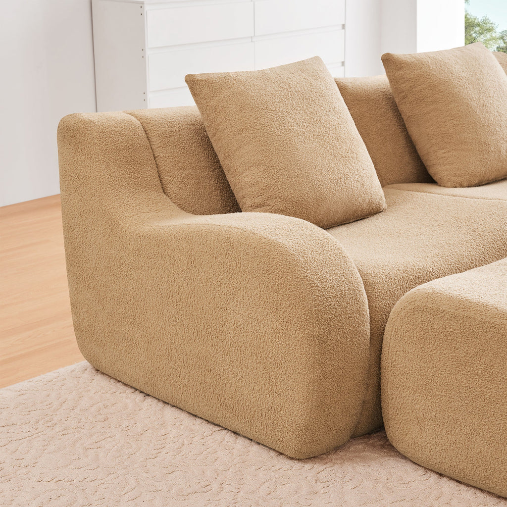 U-Shaped Boneless Sofa,Teddy Fabric No assembly required   Curved armrest,Anti-slip Design,Streamlined Design 32D High Density Sponge,Full Compression Vacuum Packag,For Studies living Rooms,Camel