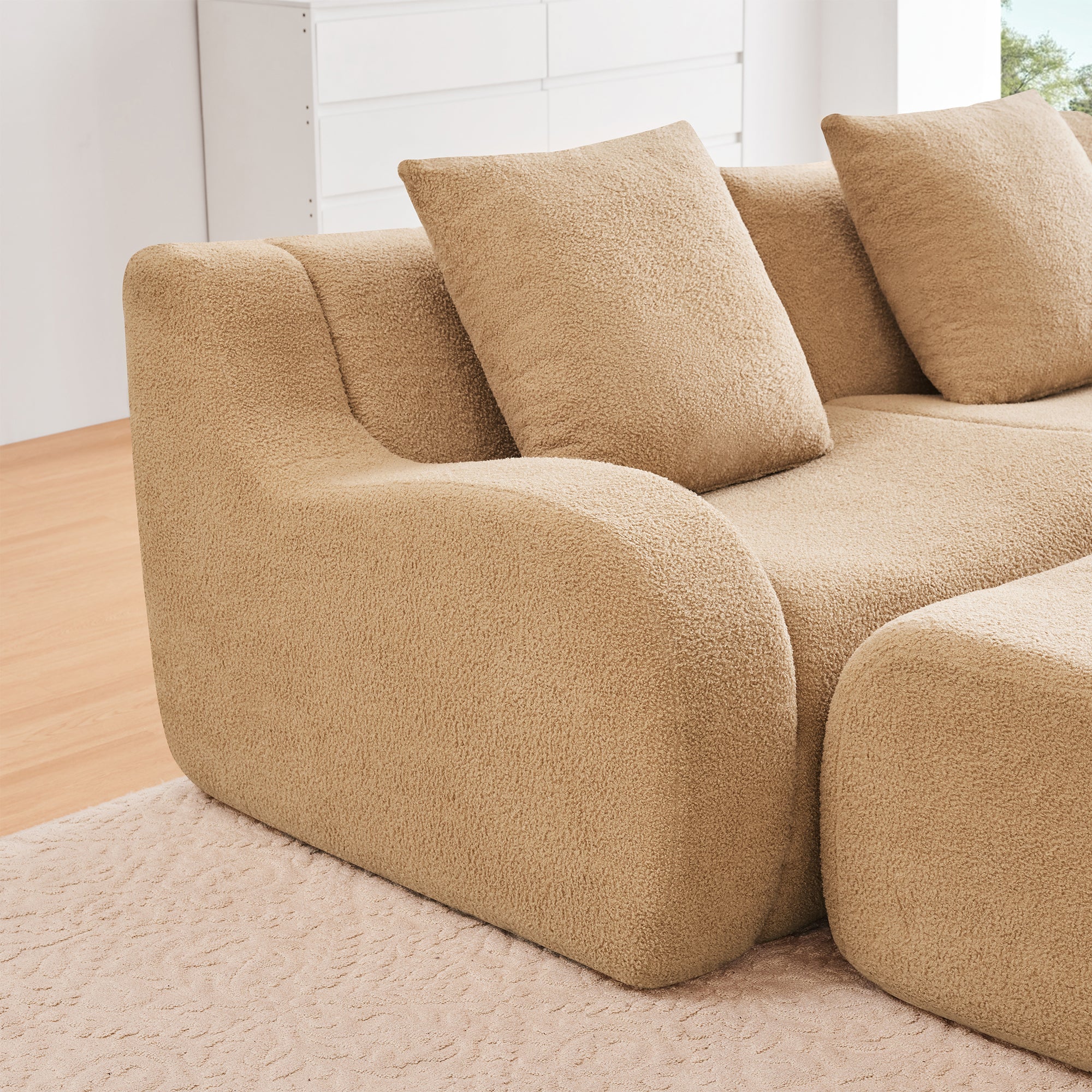 U-Shaped Boneless Sofa,Teddy Fabric No assembly required   Curved armrest,Anti-slip Design,Streamlined Design 32D High Density Sponge,Full Compression Vacuum Packag,For Studies living Rooms,Camel