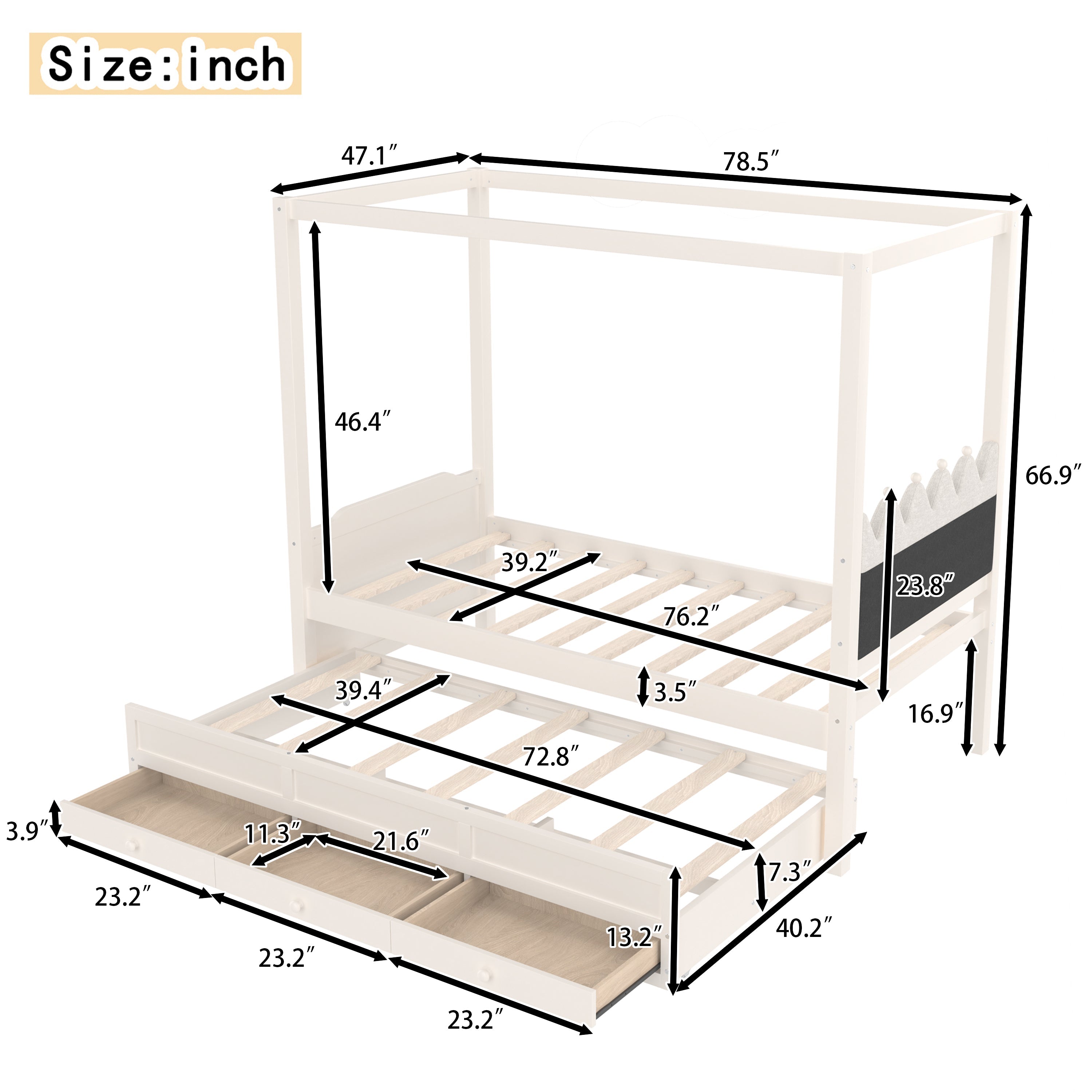 Twin Platform Bed with Upholstered Headboard,Twin Size Trundle and 3 Drawers,Princess Canopy Bed Frame for Kids,Storage & Easy Assembly,Beige