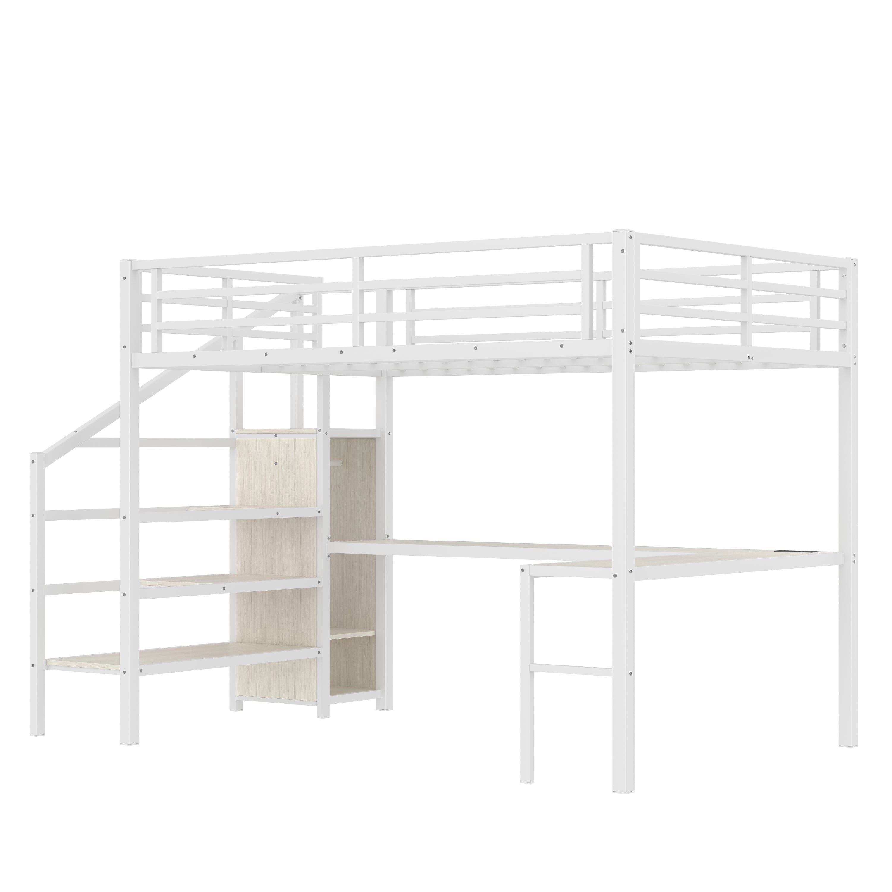 Queen Size Loft Bed with L-shaped Desk and USB, Metal Loft Bed with Wardrobe and Adjustable Shelf, High Loft Bed with LED for Kids Teens Adults, White Wood-grain