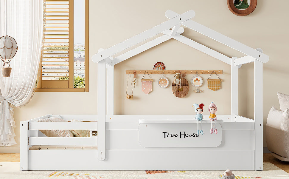 Twin Size Floor Bed with Guardrails and Roof, Kids House Floor Bed with a Small Built-in Tray and Free-installed Signboard, Childlike Design, White