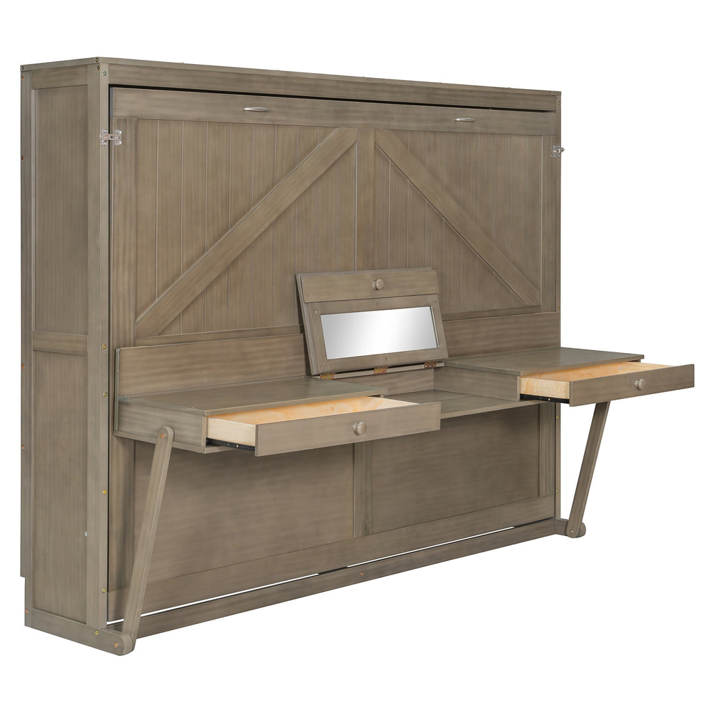 Queen Size Wall Murphy Bed with Storage, Foldable Cabinet Bed with Vanity Desk, Center Mirror & 2 Side Drawers, Distressed Gray