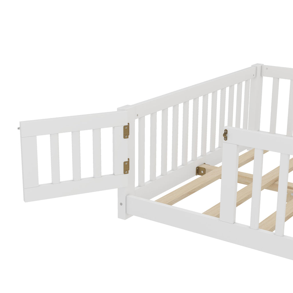 Full Size Bed Floor Bed with Safety Guardrails and Door for Kids, White(Old SKU: W1580P154625)