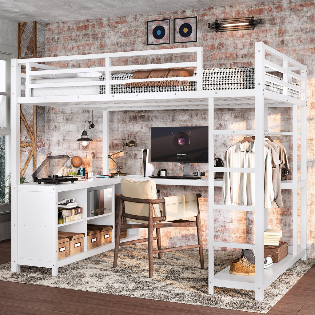 Metal Loft Bed with Wardrobe and L-shaped Desk, Full Size Loft Bed with Storage Cubes and Shelves, Loft Bed for Kids Teens Adults, White