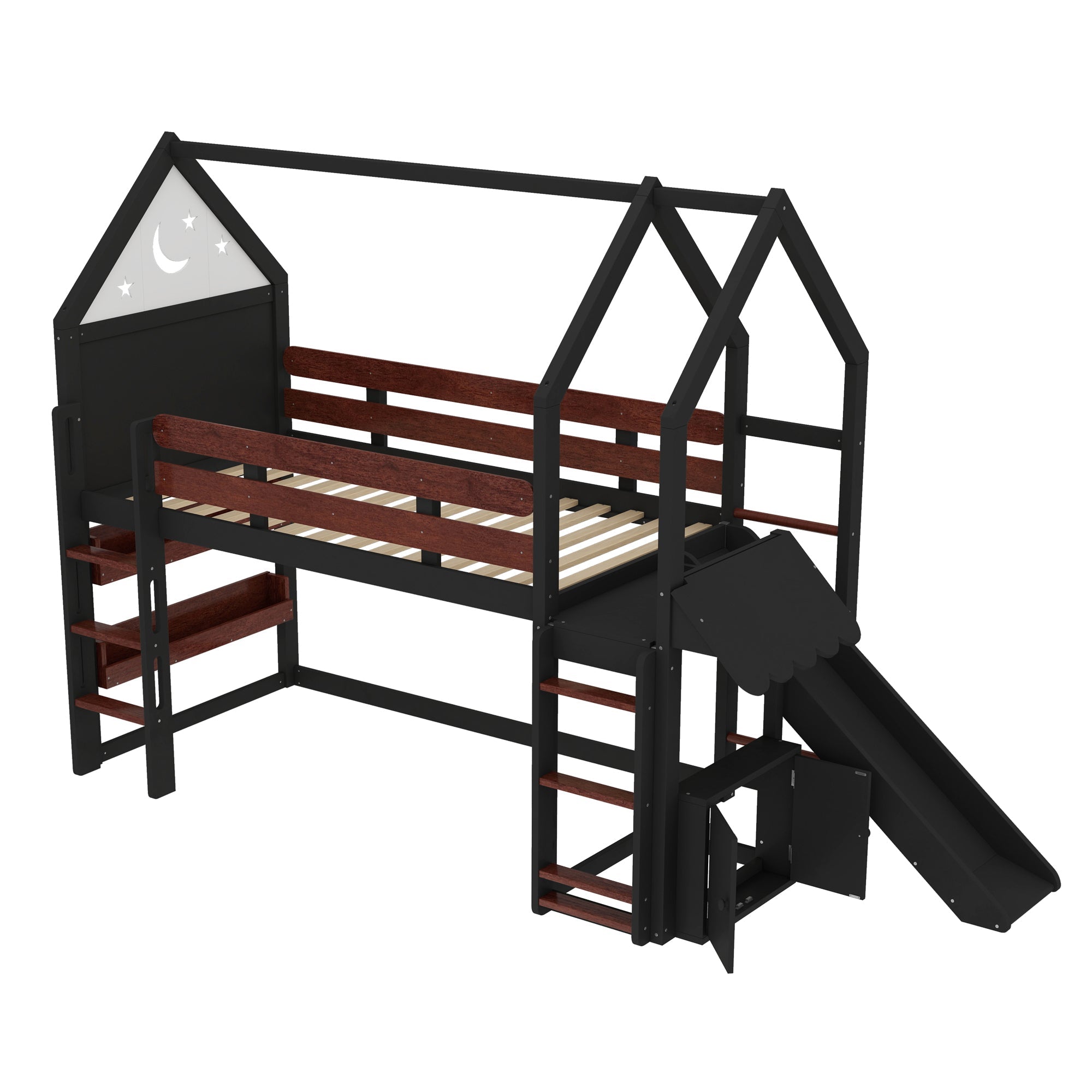 Twin Size Loft Bed with Bookshelf Playful Design for Kids House-Shaped Structure with Slide High-Quality Safety Rails,Beige/Natural /Black