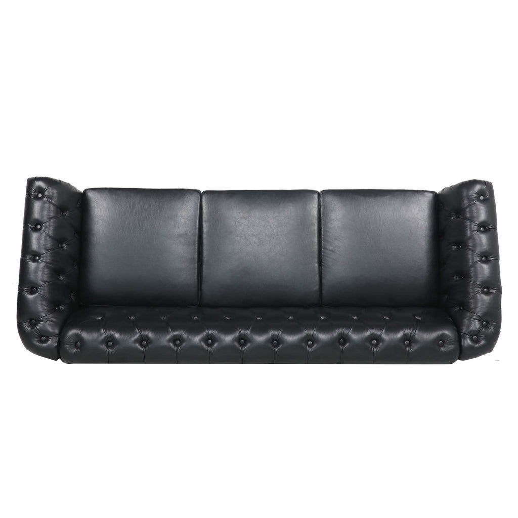 84.65" BLACK PU Rolled Arm Chesterfield Three Seater Sofa