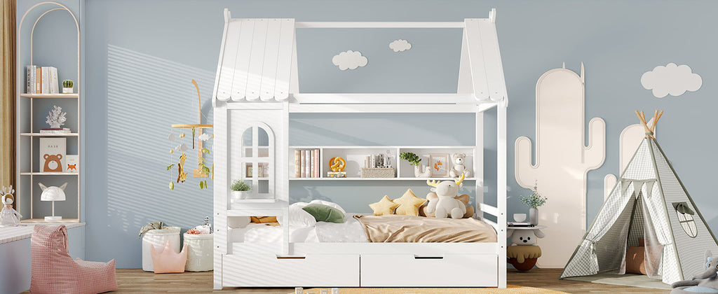Full house Beds with Storage Drawers and Window, Solid Wood House Platform Bed Frame with shelves, for Kids, Girls, Boys, No Spring Box Needed and Childlike Design, White